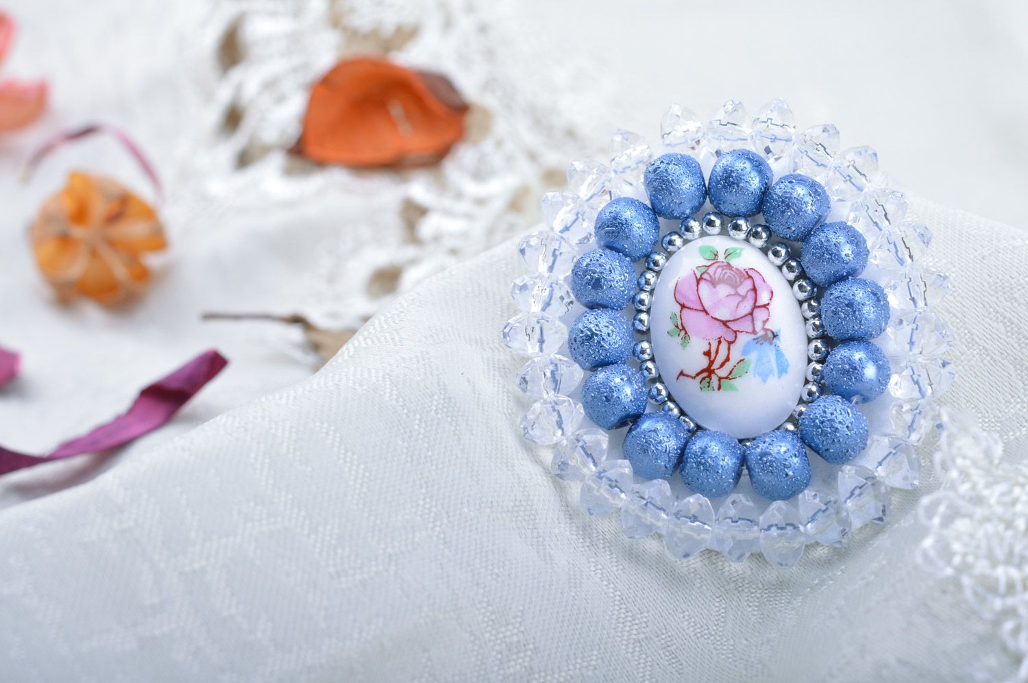 Handmade round bead embroidered brooch with cameo in tender color palette photo 4
