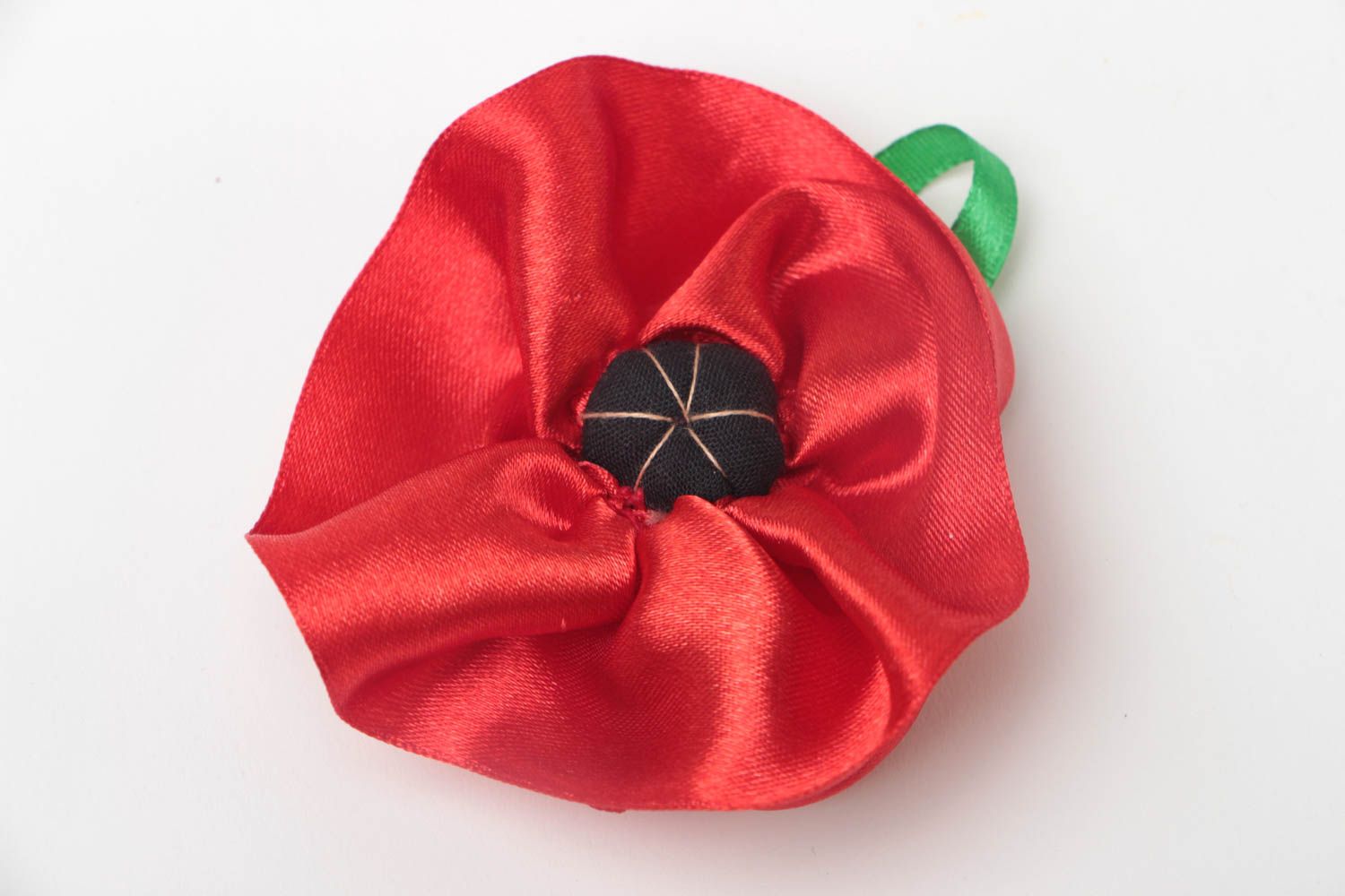 Textile brooch made of satin fabric with red poppy handmade summer accessory photo 2