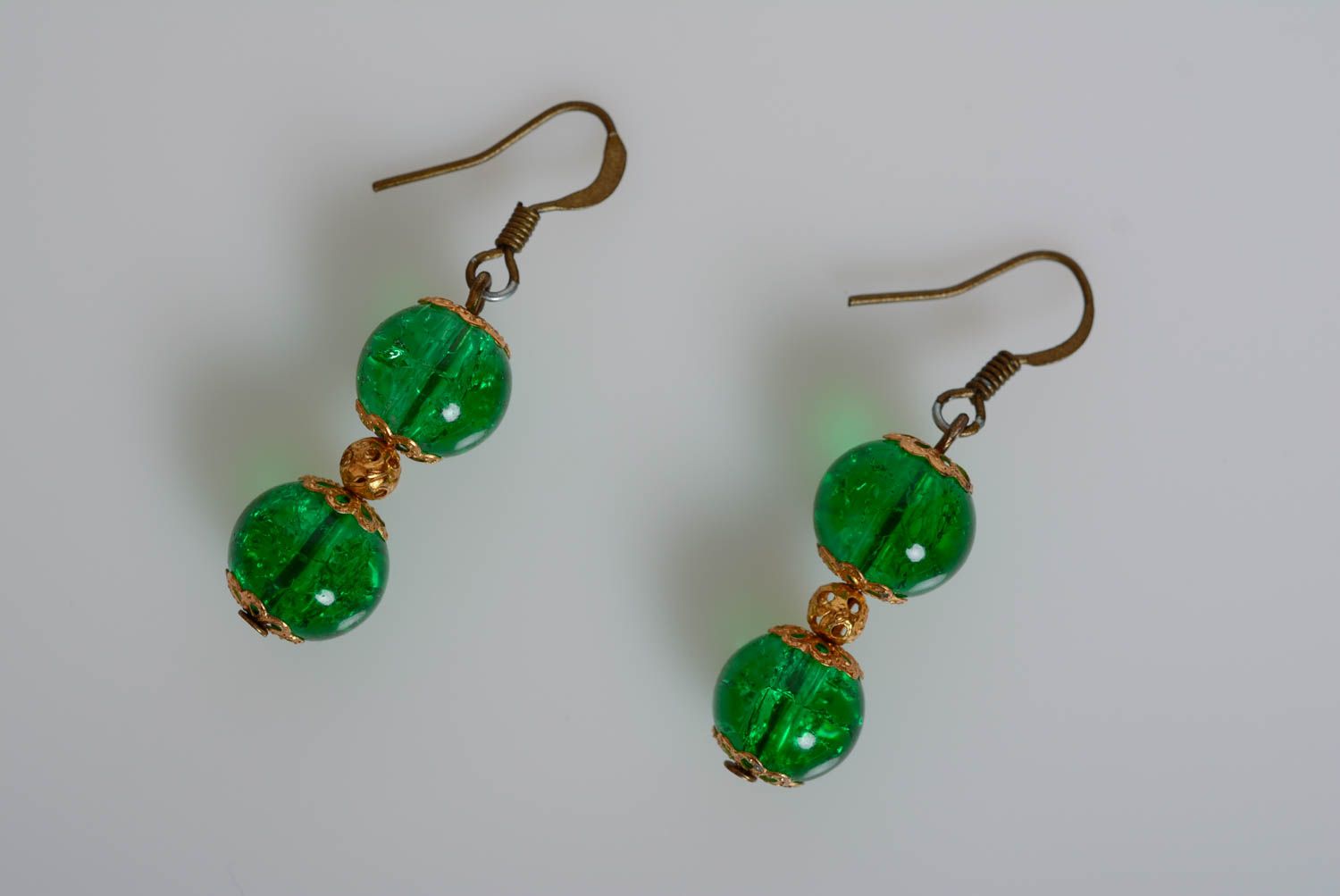 Beautiful handmade earrings with glass beads long bright green accessory photo 1