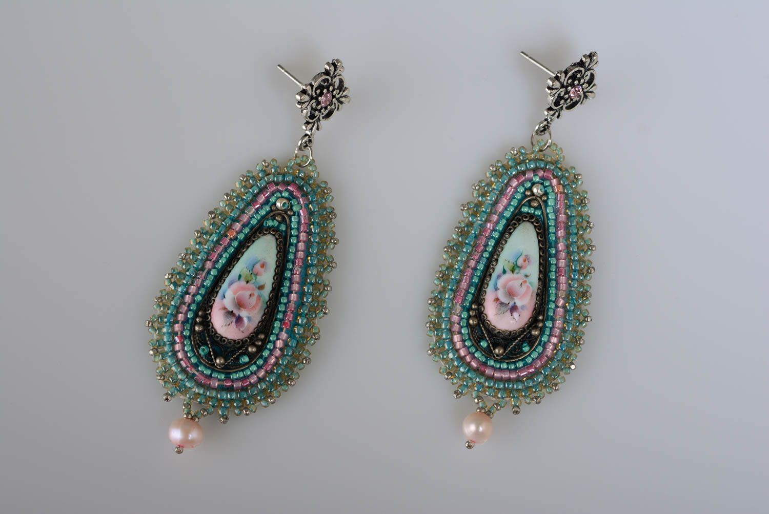 Handmade vintage bead embroidered dangling earrings with natural stones photo 1