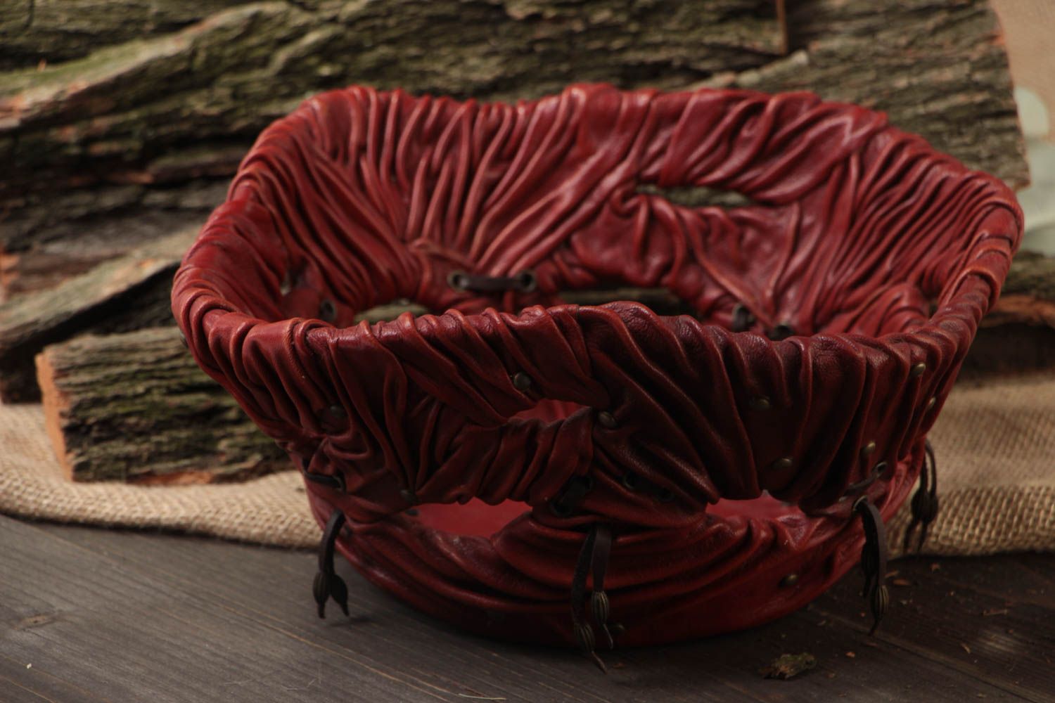 Decorative designer's fruit bowl made of leather handmade beautiful unusual photo 1