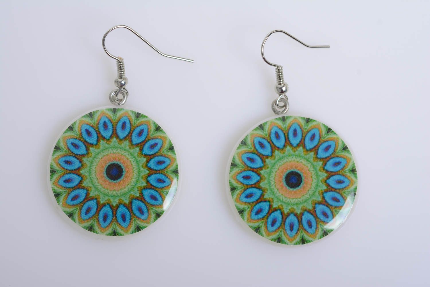 Polymer clay handmade earrings decorated with decoupage blue and green jewelry photo 5