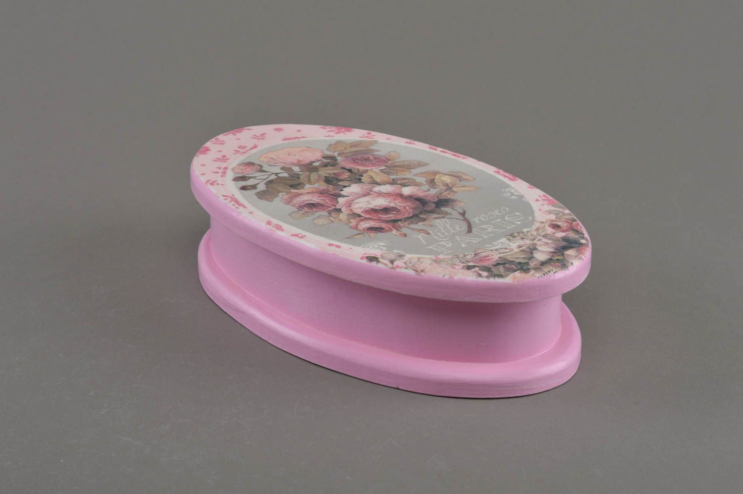 Unusual beautiful pink wooden jewelry box decorated with decoupage for gift photo 1