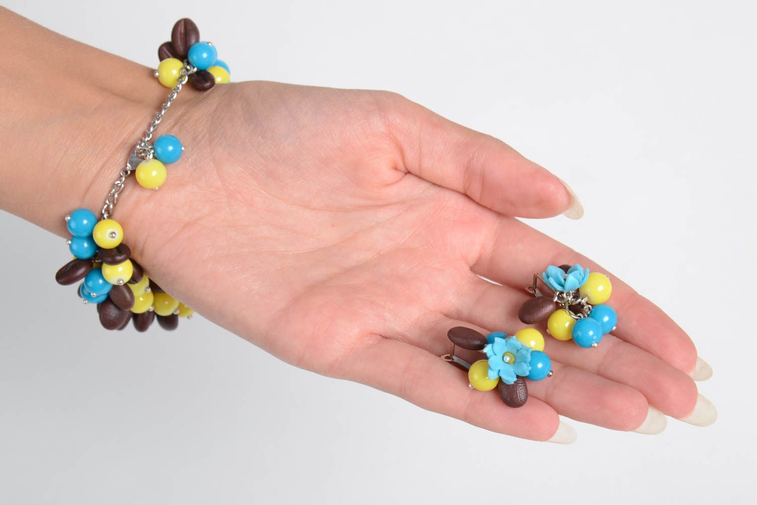Handmade Schmuck Set aus Polymerton Blumen Ohrringe Damen Armband gelb blau foto 3