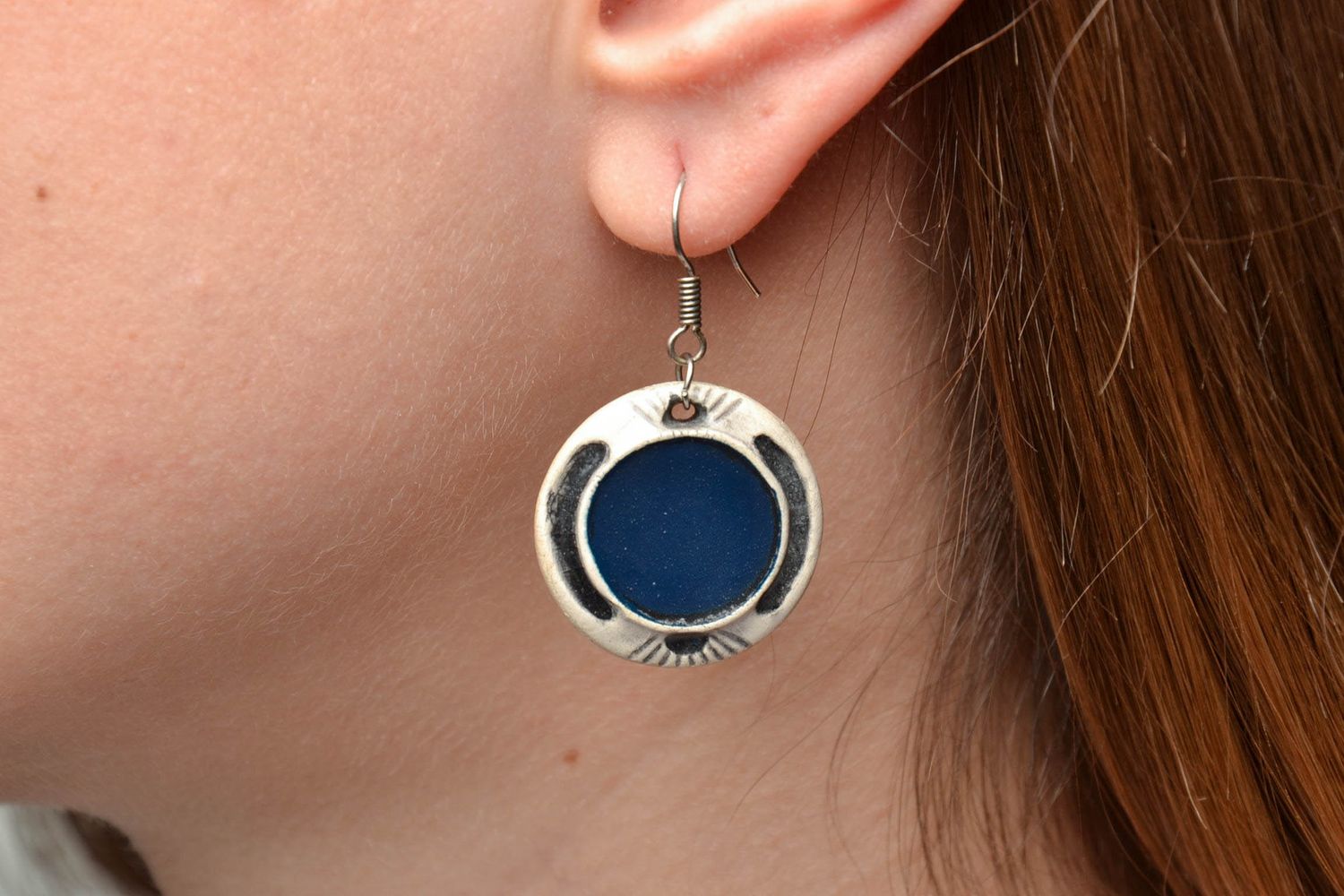 Blue round clay earrings painted with color enamels photo 5
