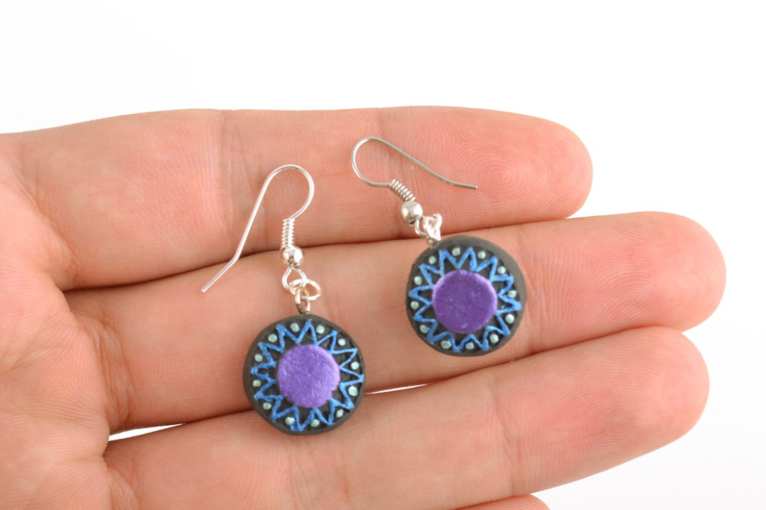 Handmade small round ceramic dangling earrings painted with acrylics Violet Sun photo 2