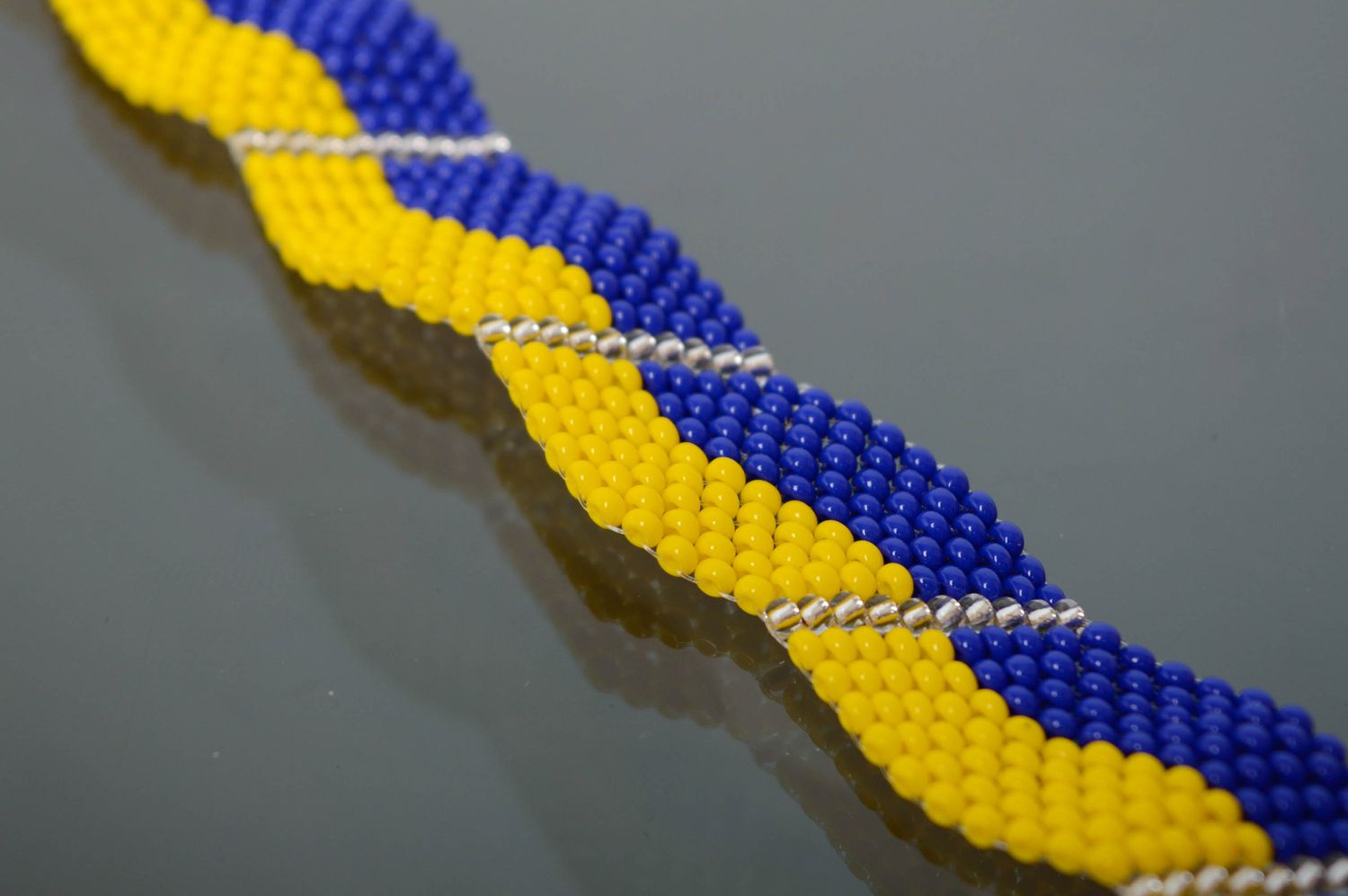 Yellow and blue handmade beaded bracelet with chains photo 4