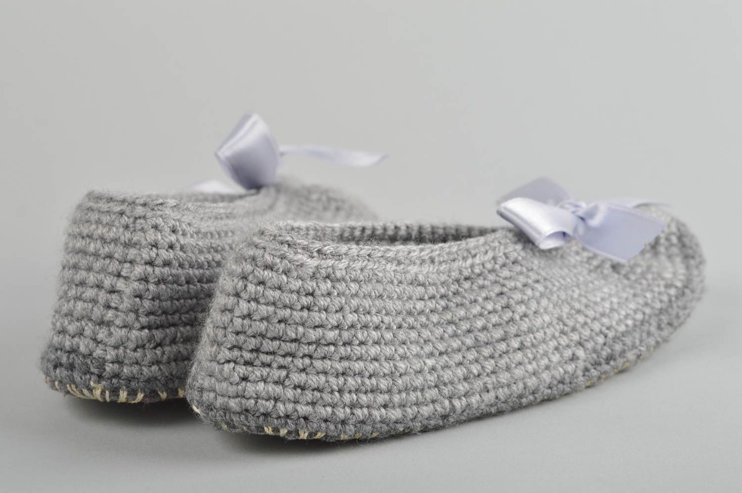 Pantoufles tricot Chaussons fait main crochet gris coton Accessoire femme photo 5