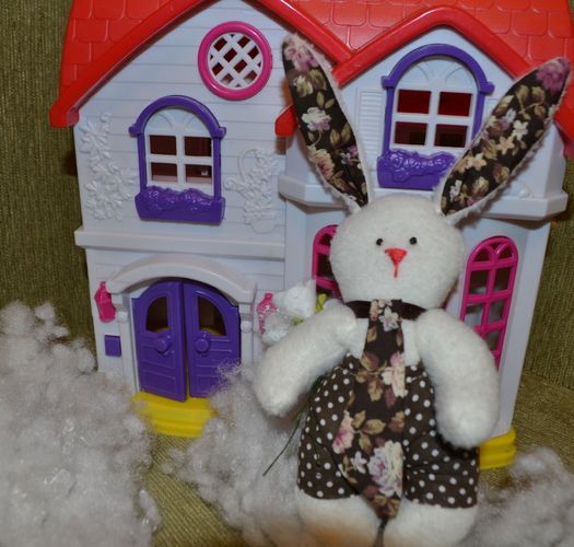 White handmade artificial fur fabric toy of average size Hare with Bouquet photo 3