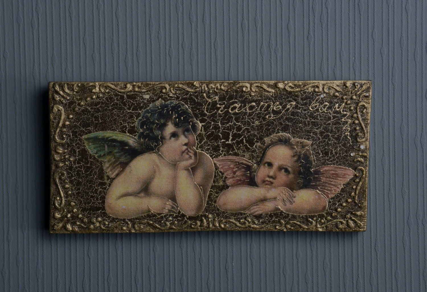 Quadro vintage fatto a mano due angeli decorazione da parete originale
 foto 5