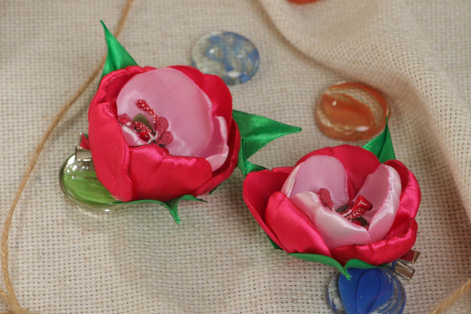 Beautiful handmade satin ribbon flower hair clips for children 2 piece Peonies photo 1