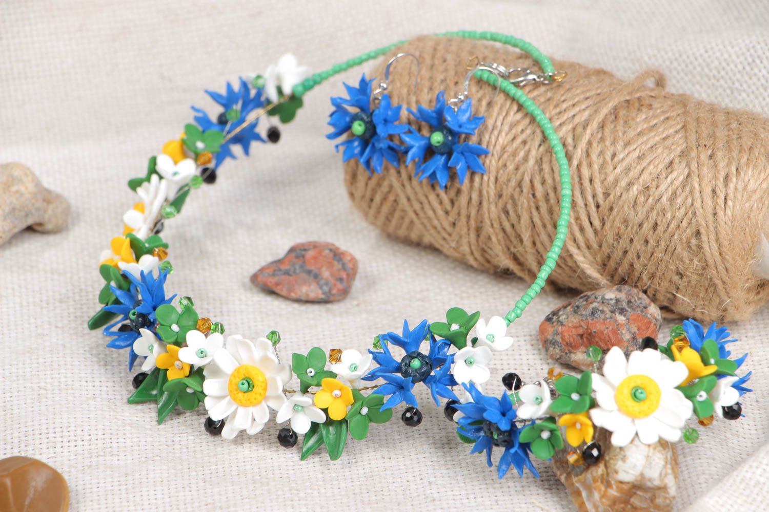 Set of handmade jewelry accessories made of clay stylish necklace and bracelet photo 1