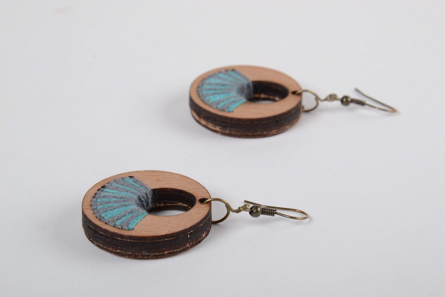 Beautiful designer women's handmade plywood earrings with embroidery photo 2