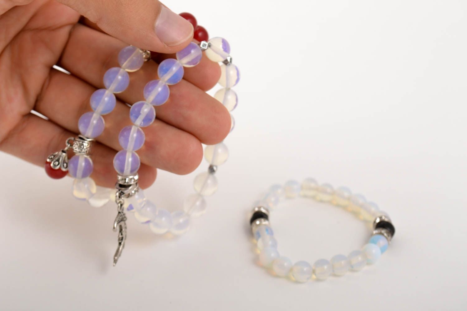 Set of three transparent beaded gemstone bracelets with charms for girls photo 6