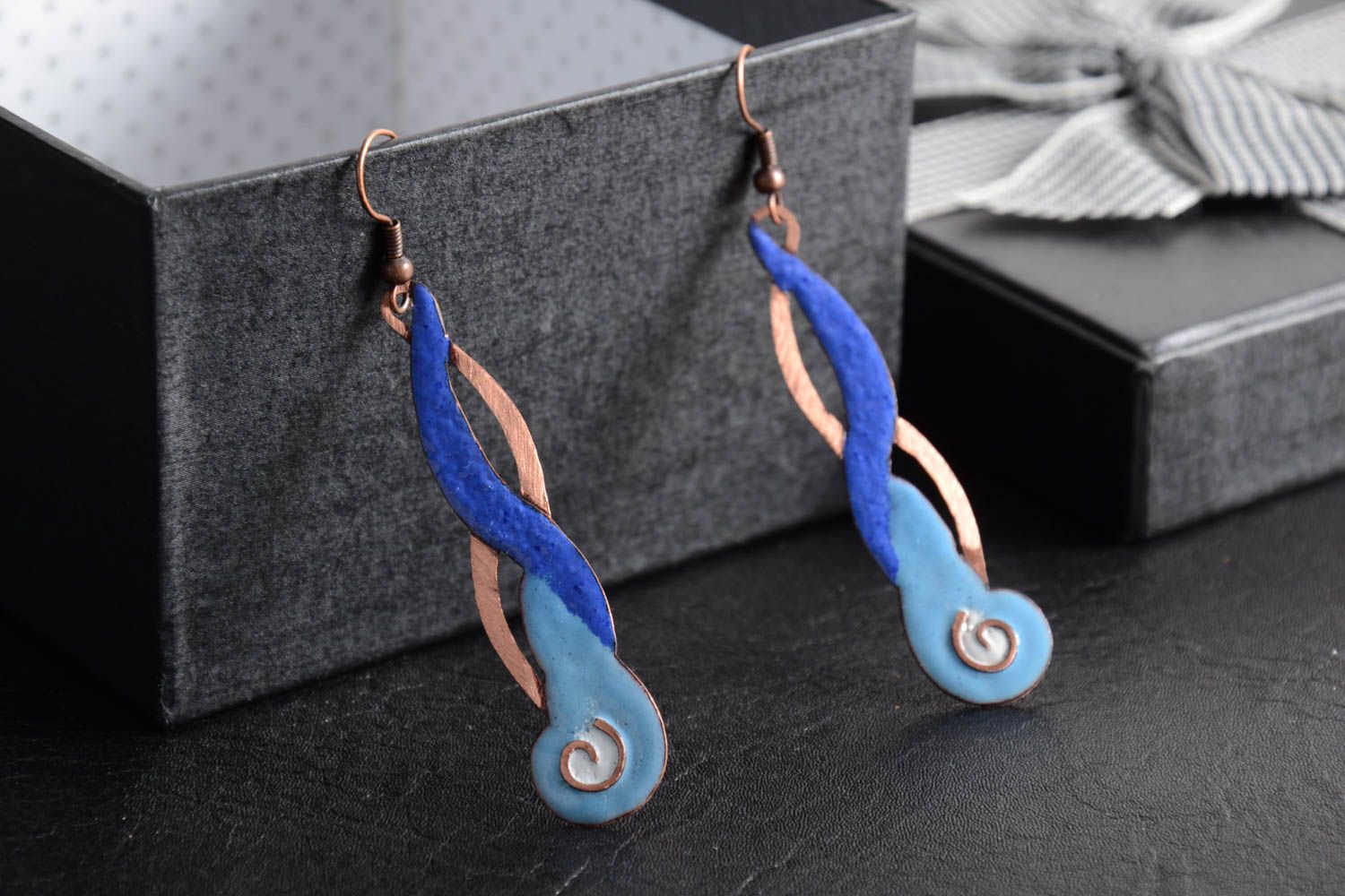 Handmade stylish copper earrings with charms long beautiful female jewelry photo 1