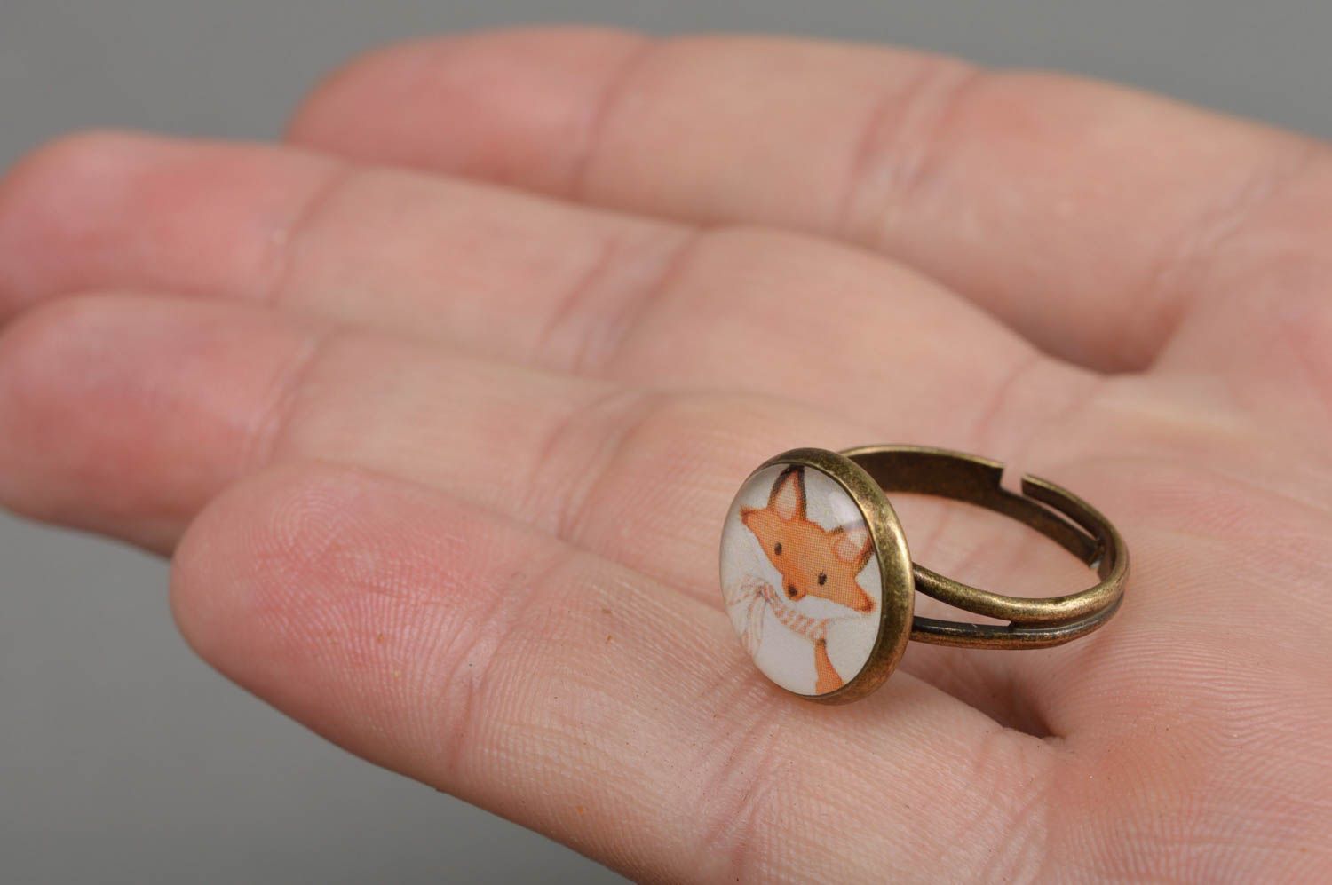 Handmade cute decoupage round jewelry ring on metal basis of adjustable size Fox photo 4