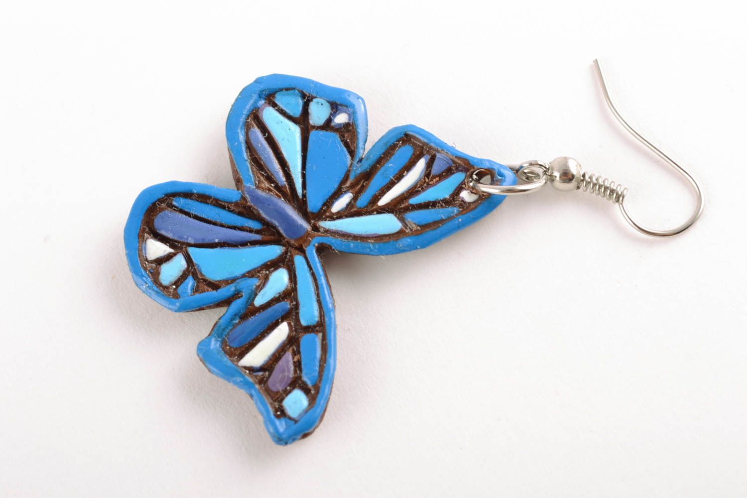 Boucles d'oreilles en pâte polymère faites main pendantes bleues Papillons photo 5