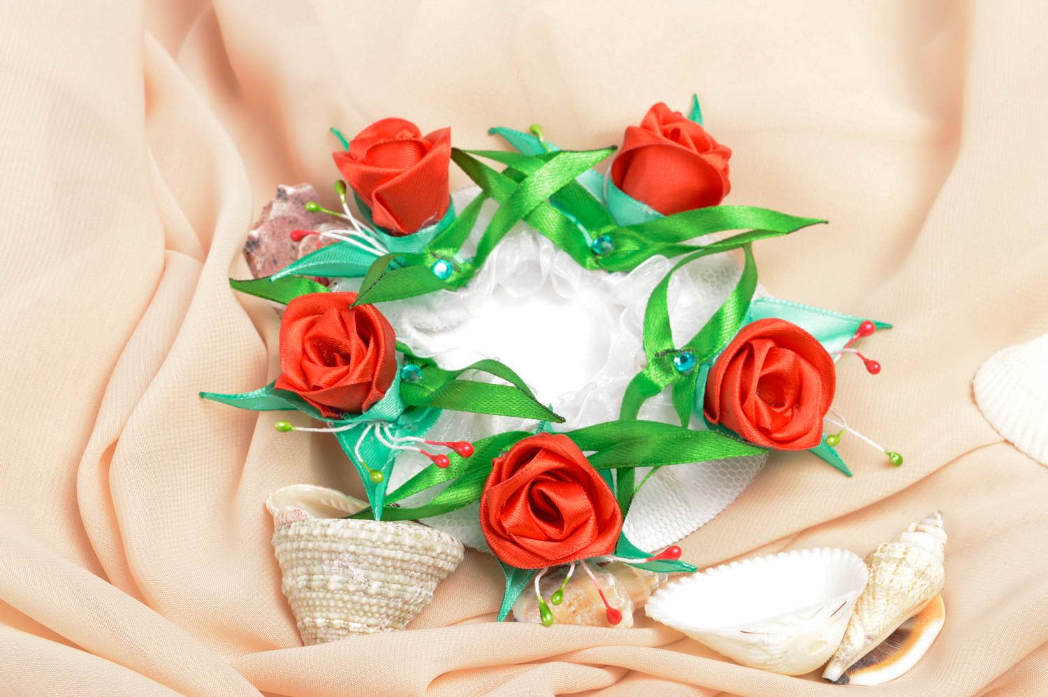 Handmade Haar Netz Haar Schmuck Accessoire für Haare mit Blumen grün rot foto 1