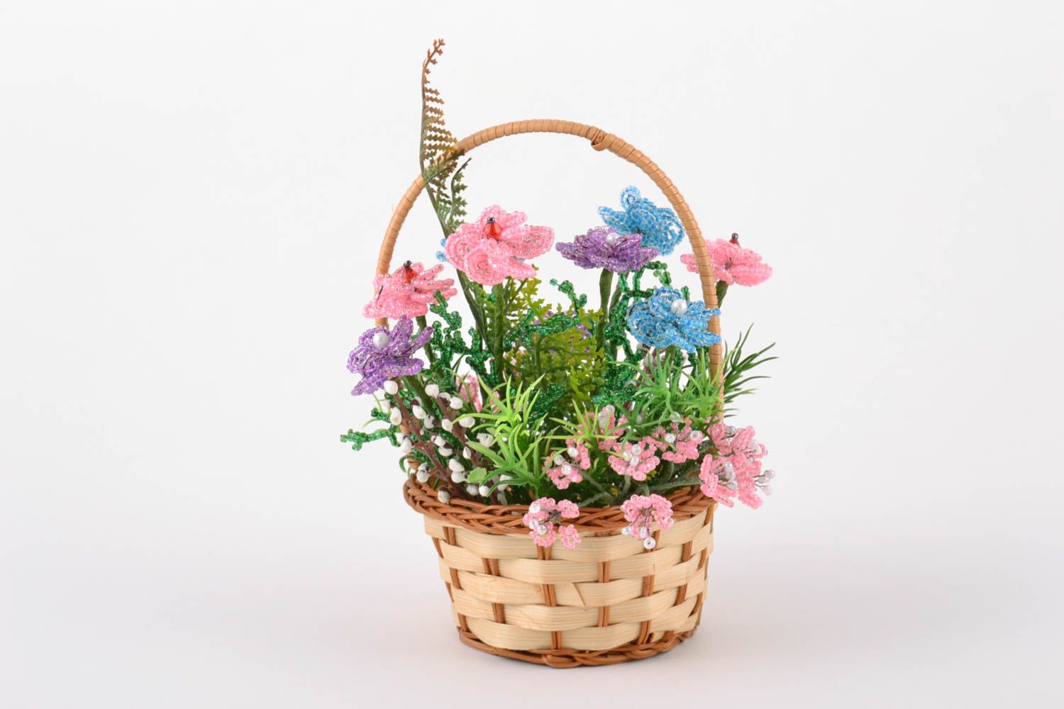Handmade small decorative basket with pink blue and violet beaded flowers photo 3