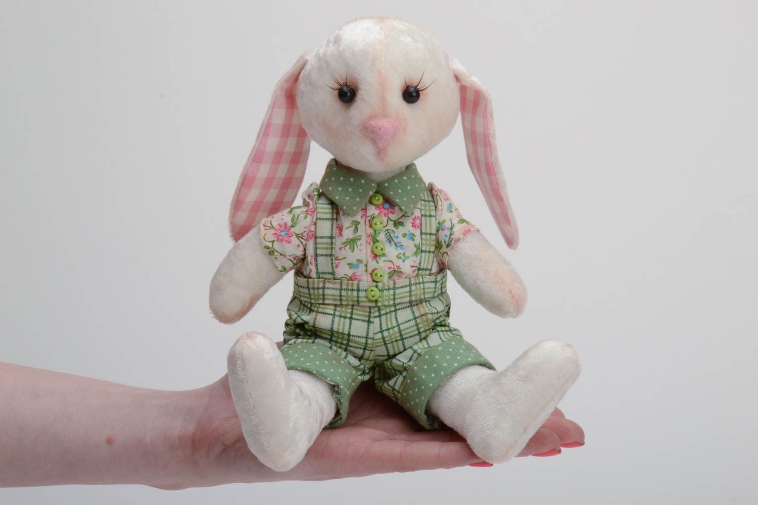 Handmade plush toy rabbit with movable paws in green trousers and floral shirt photo 5
