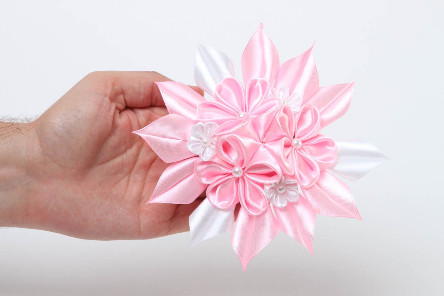 Аксессуар для волос ручной работы заколка-цветок авторское украшение розовое фото 5
