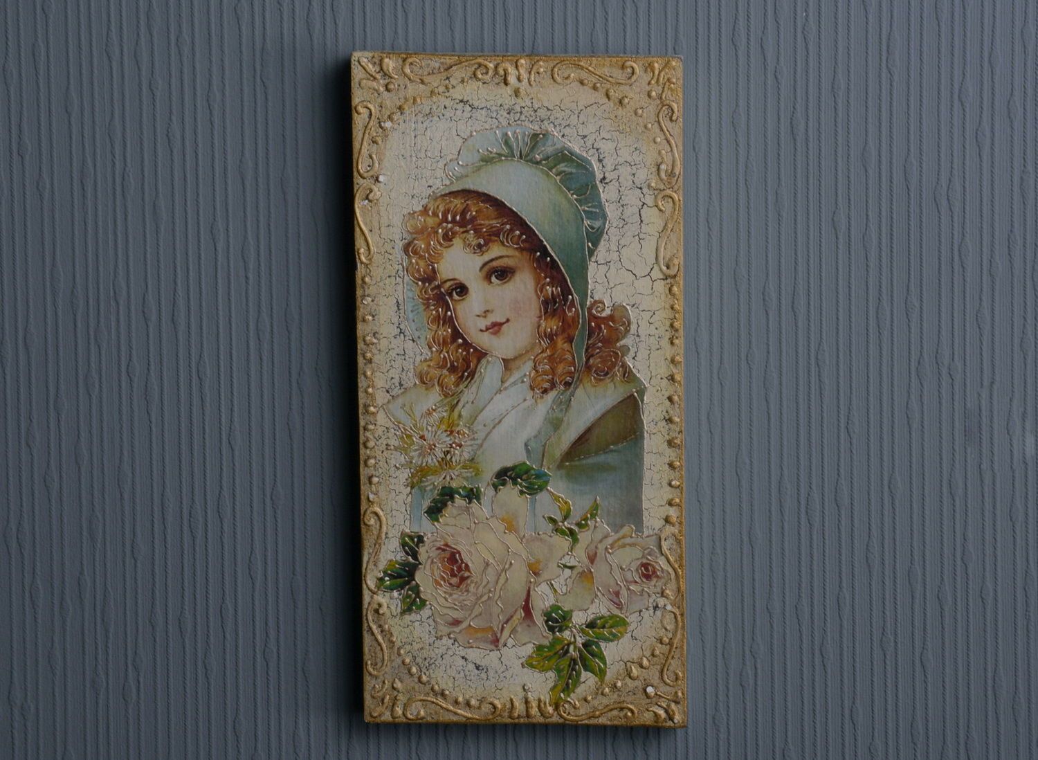 Wooden panel Girl in blue hat photo 5