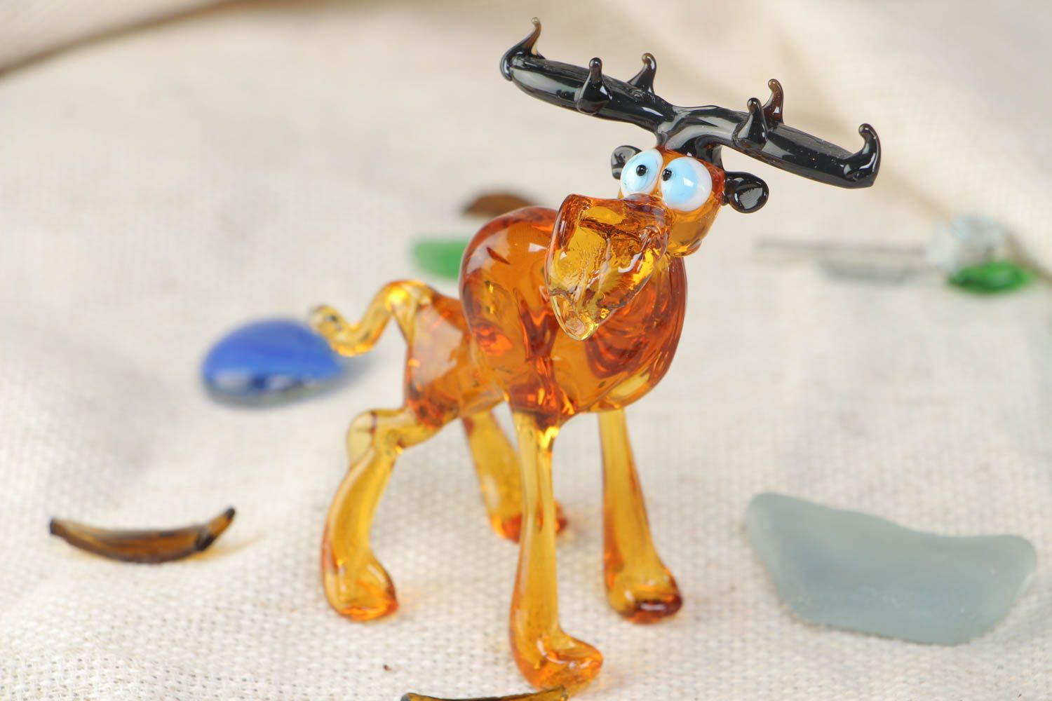 Handmade collectible lampwork glass miniature animal figurine of surprised elk photo 1