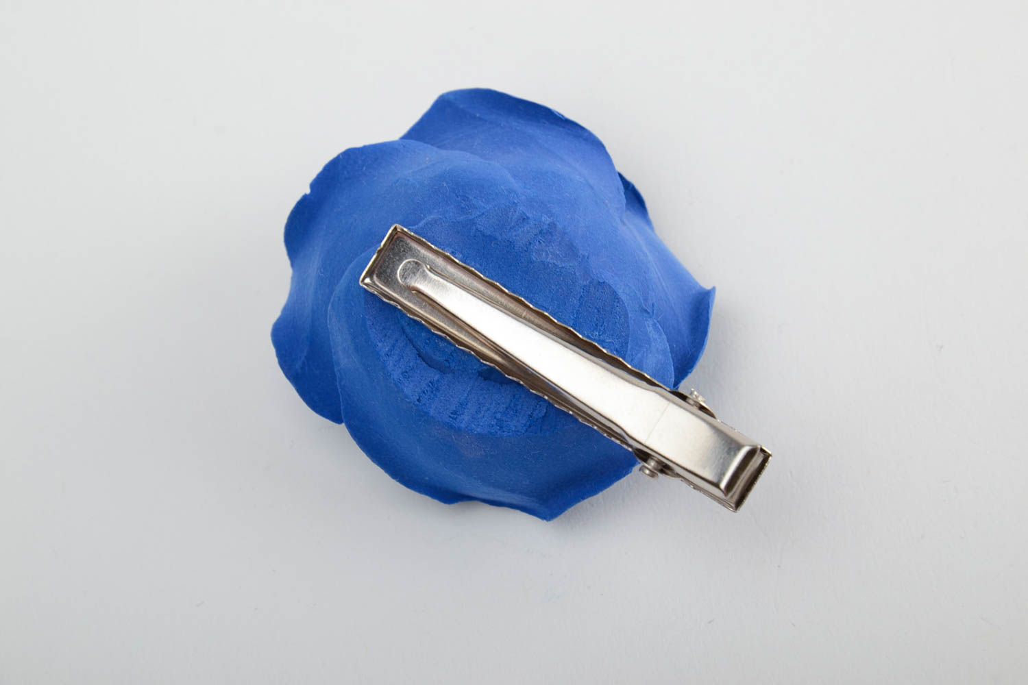 Handmade decorative hair clip with small dark blue polymer clay rose flower photo 5