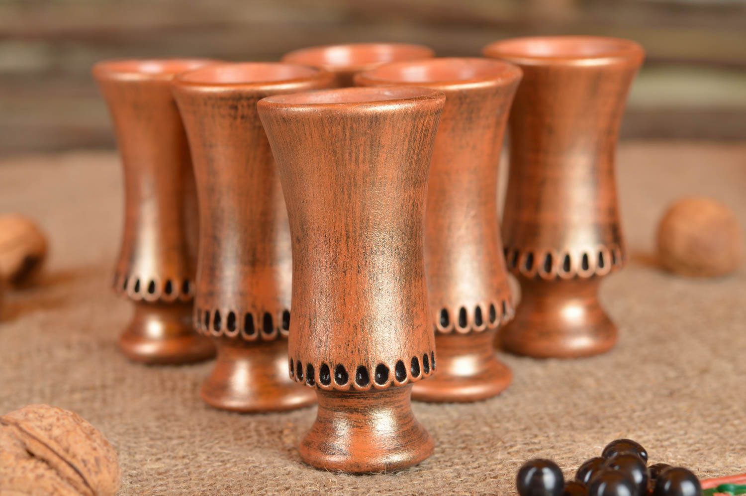 Set of 6 handmade tall ceramic painted shot glasses painted in bronze color photo 1