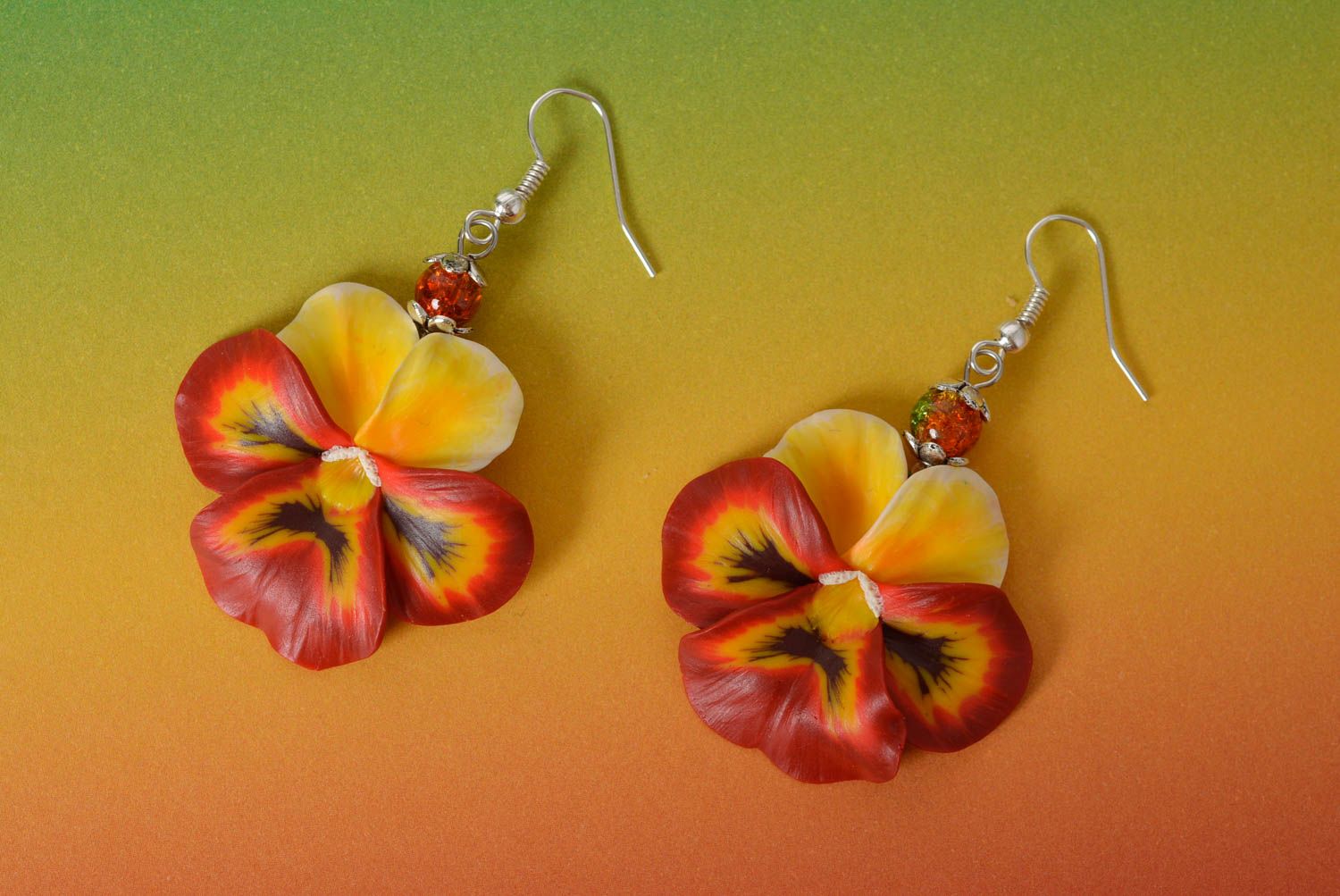 Colorful floral polymer clay dangle earrings handmade red violets photo 1