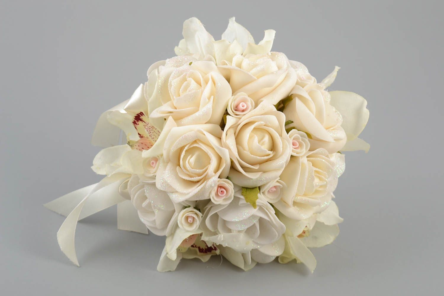 Handmade cute white wedding bouquet made of foamiran on blue stem with ribbons photo 2