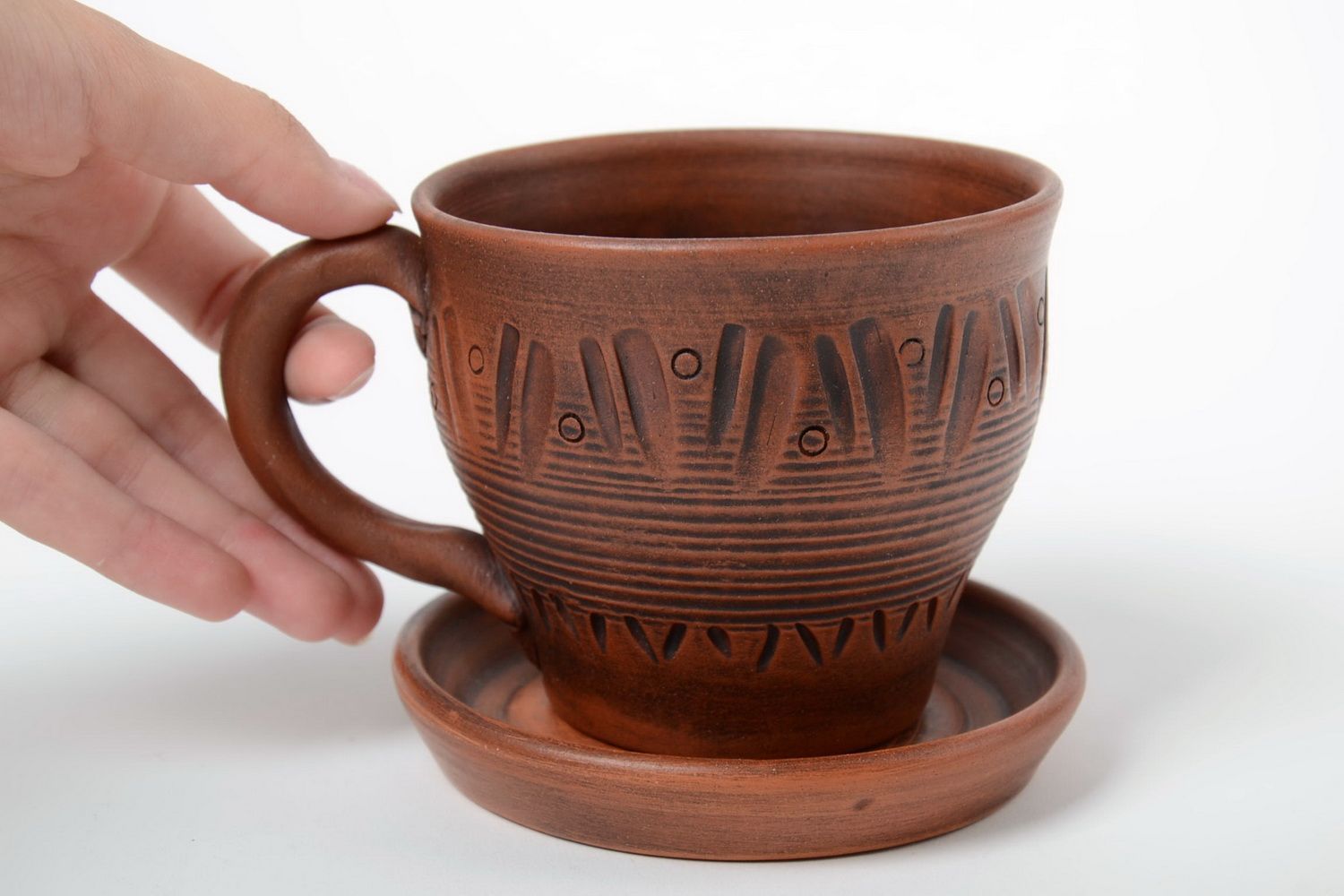Red clay espresso cup with saucer, handle, and ethnic pattern 0,82 lb photo 2