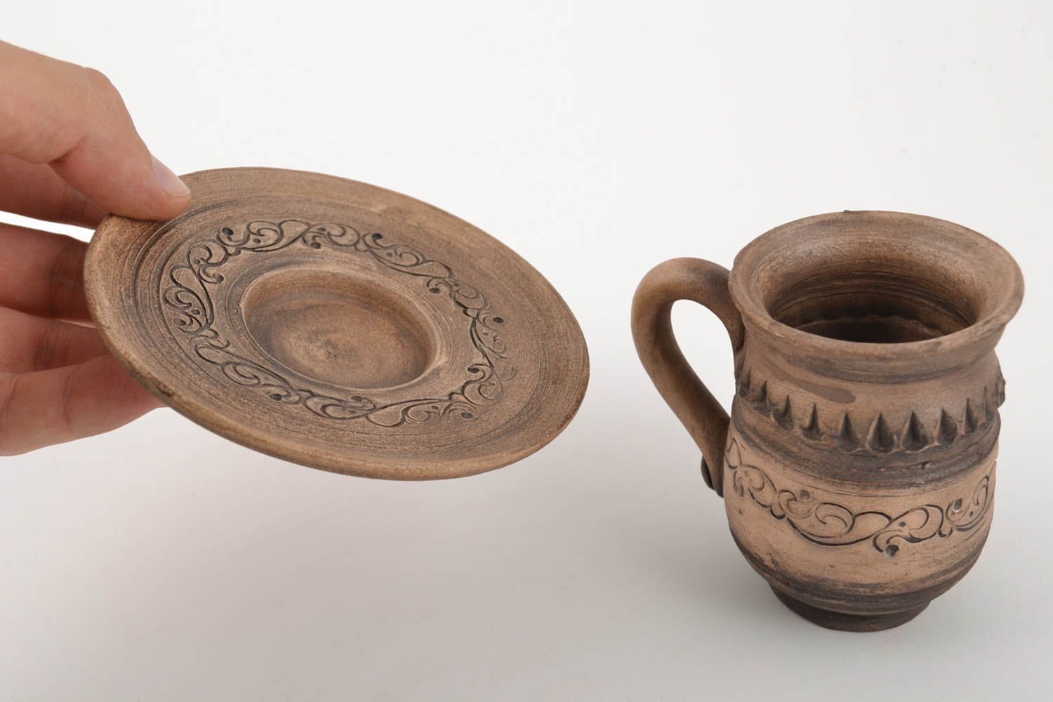 Tasse avec soucoupe en argile faites main 15 cl ethniques poterie originale photo 5