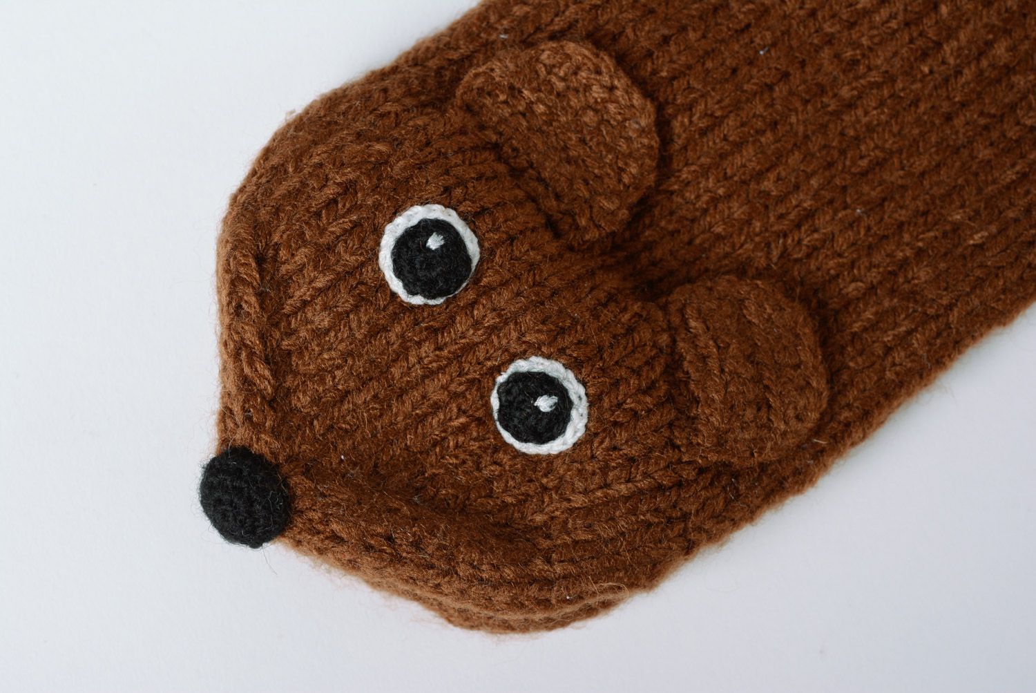 Handmade cute hand puppet knitted of brown threads for puppet theater  photo 4