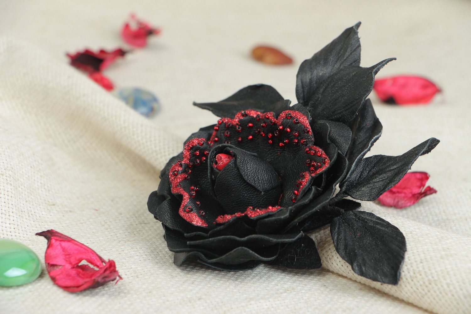 Handmade volume leather brooch in the shape of flower with leaves red and black photo 5