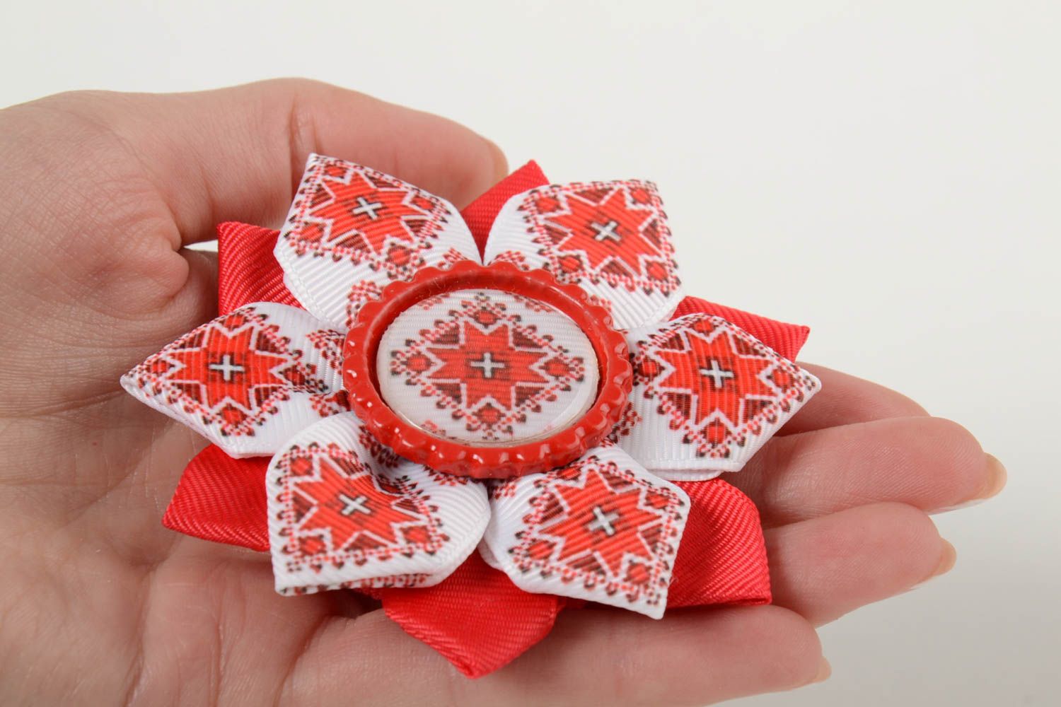 Beautiful handmade rep ribbon textile hair tie of red color in ethnic style photo 5