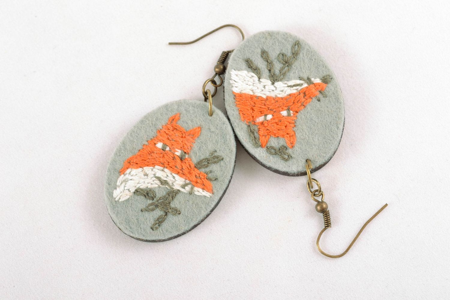 Wooden earrings with satin stitch embroidery Foxes photo 5