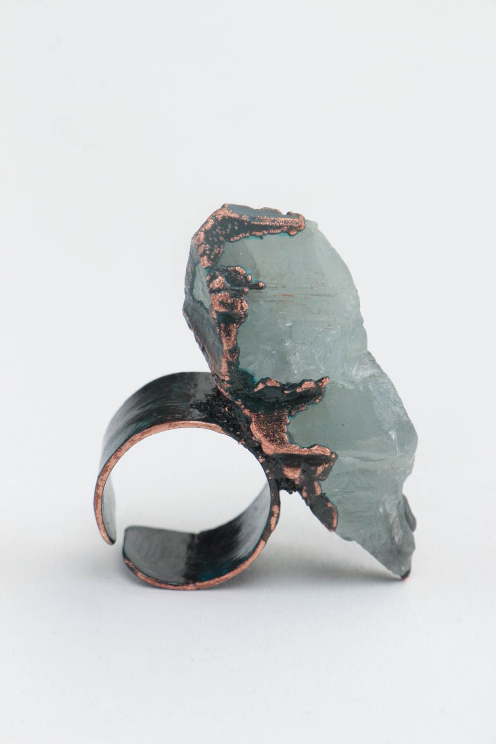 Large massive handmade copper ring with topaz natural stone open type photo 2