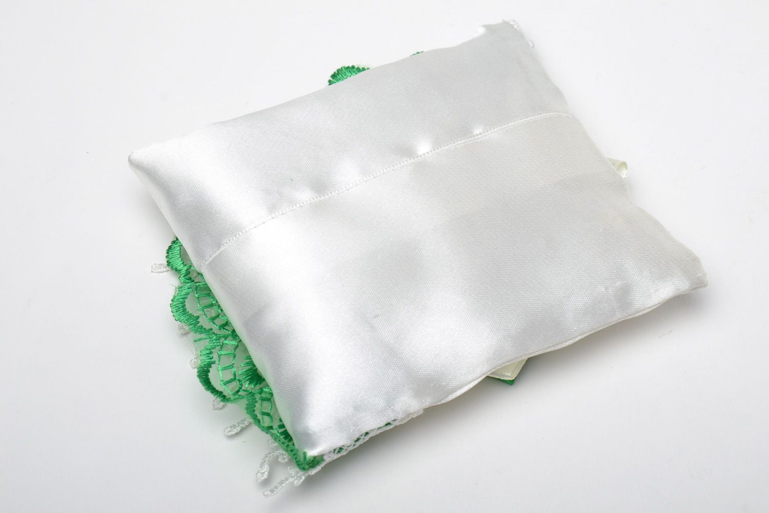 Handmade wedding satin ring bearer pillow with lace in white and green colors photo 4