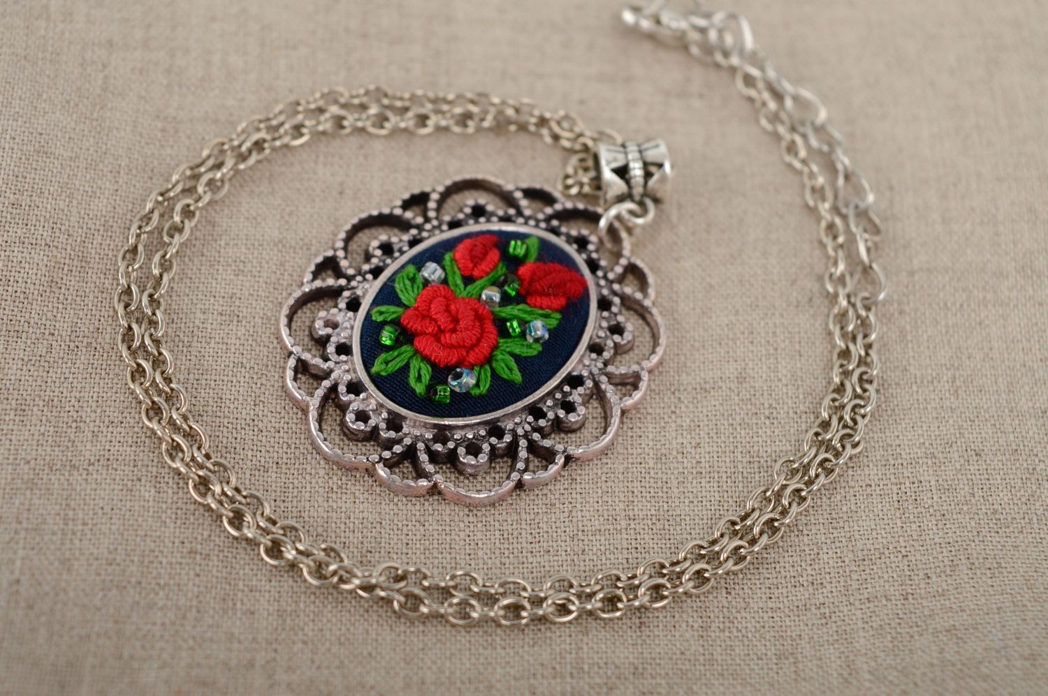Handmade pendant embroidered with threads and beads photo 1