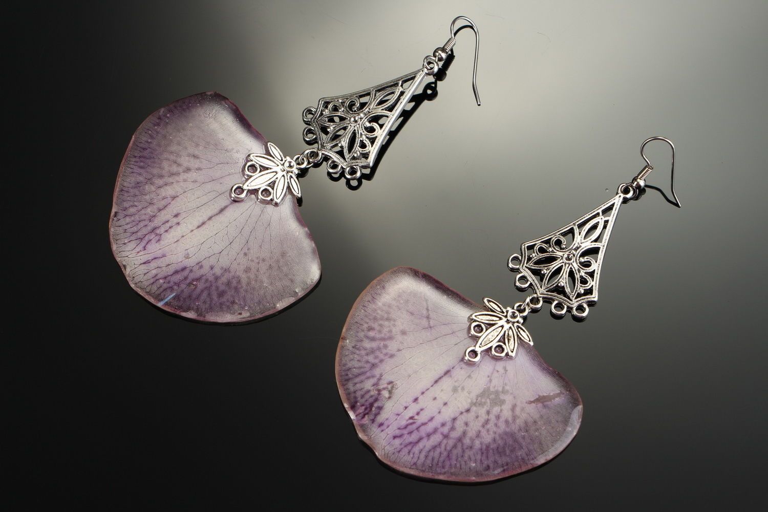 Big earrings with epoxy Orchid petal photo 3
