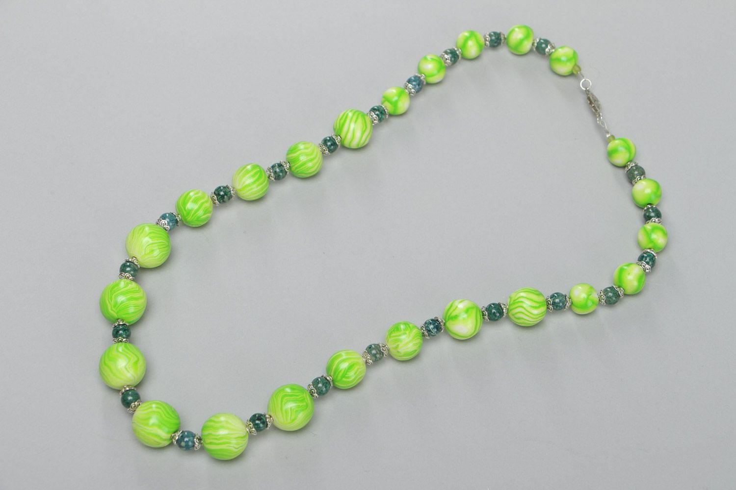 Handmade summer-like bright long polymer clay bead necklace of green color  photo 2