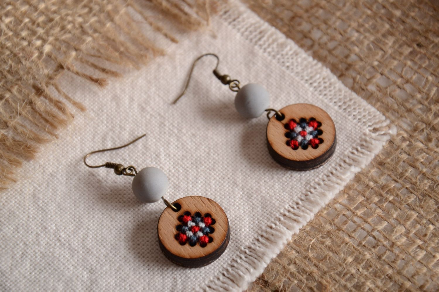 Round wooden earrings with cross stitch embroidery and beads for women photo 1