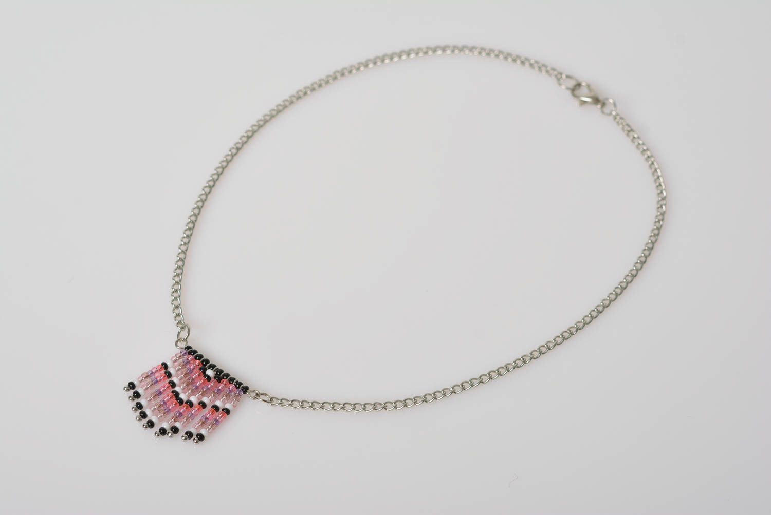 Handmade designer beaded fringe pendant necklace on metal chain violet photo 1