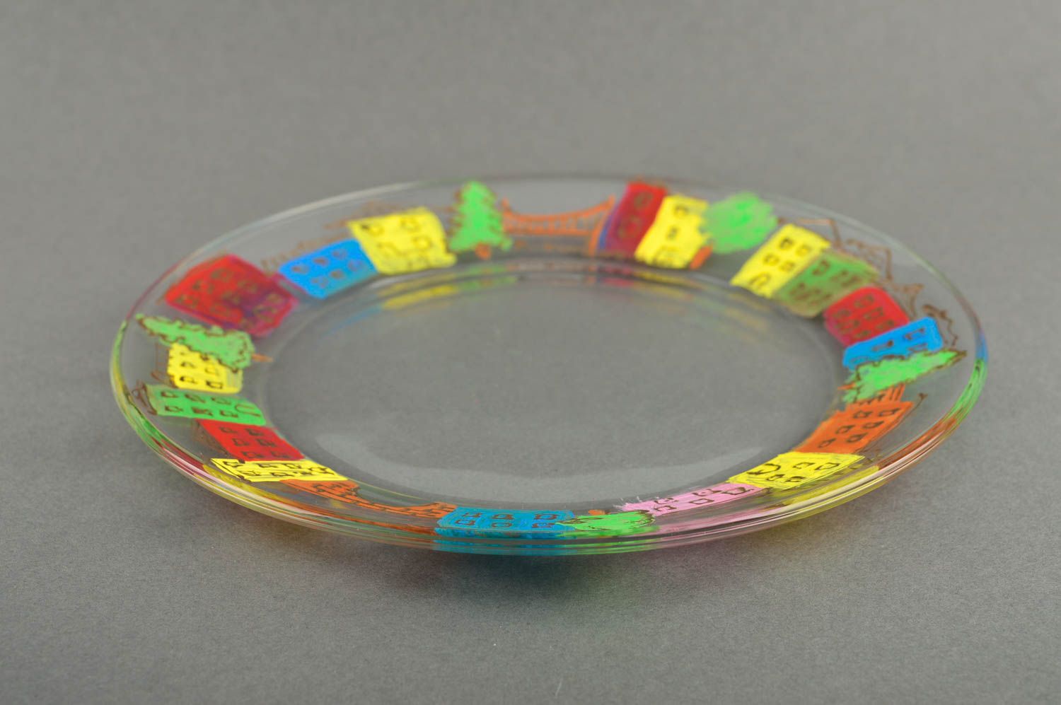 Керамика ручной работы расписная тарелка посуда из стекла Разноцветные домики фото 4