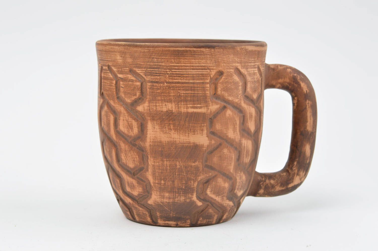 Large clay cup with handle and Viking pattern with no glaze 0,77 lb photo 2