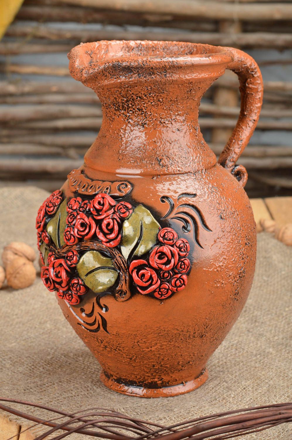 Cruche en argile avec fleurs faite main vaisselle peinte poterie brune 3 L photo 1