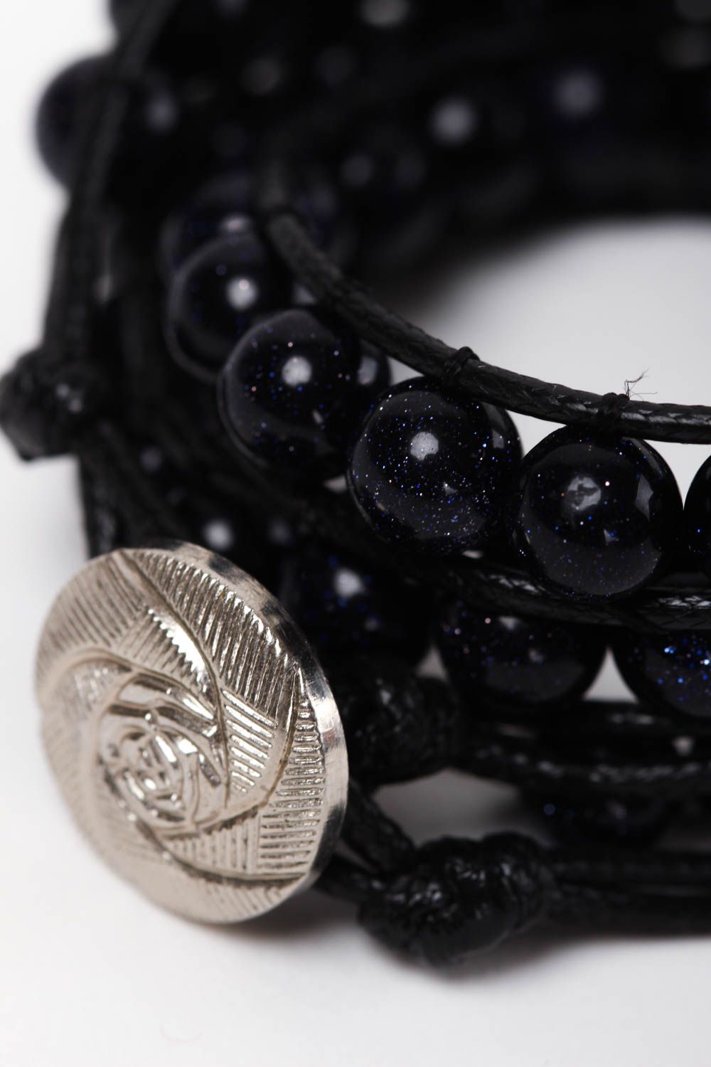 Black cord and beaded gemstone three-layers bracelet with rose metal token  photo 4