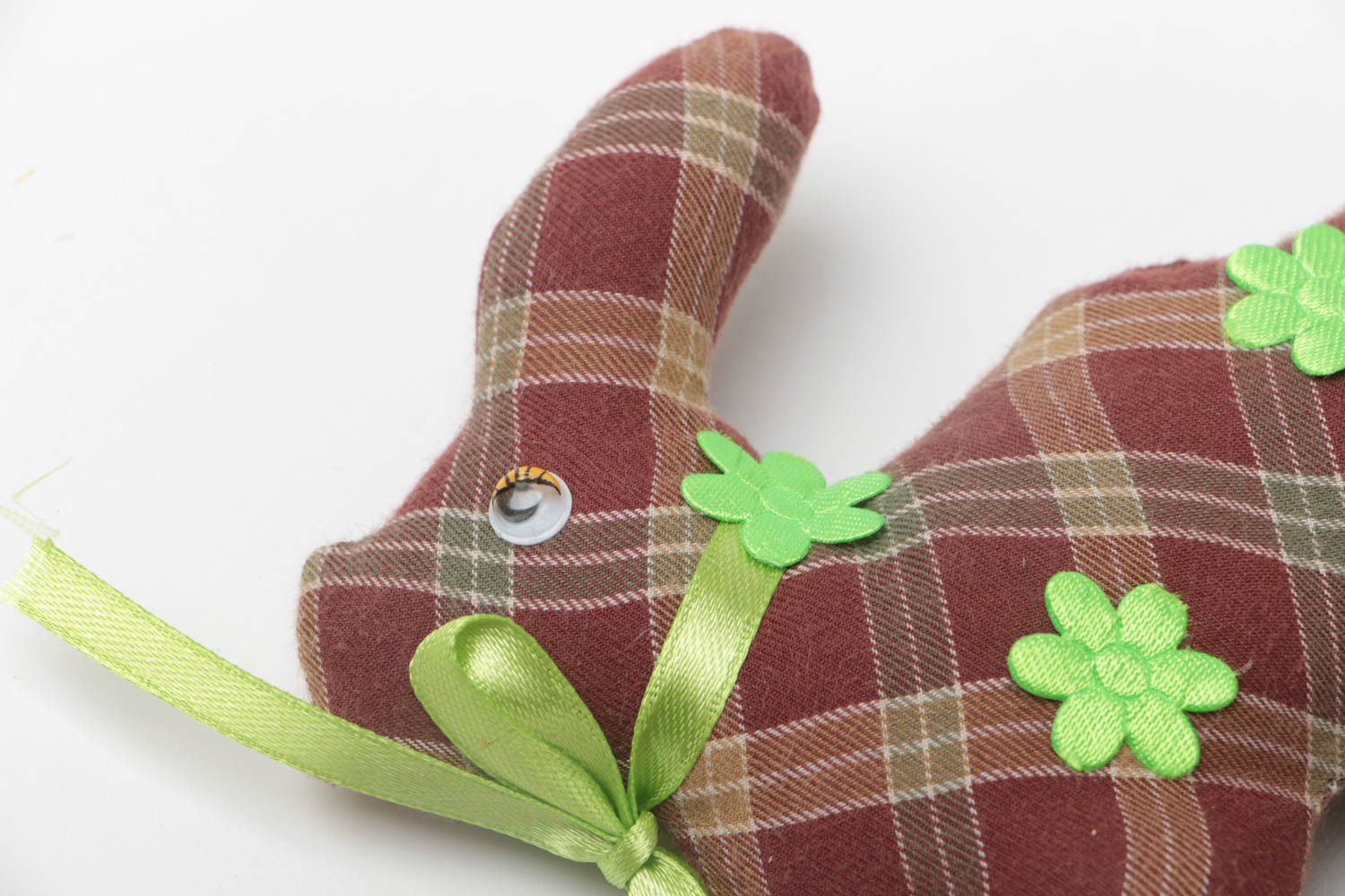 Handmade decorative chintz fabric soft toy checkered rabbit with green bow photo 3