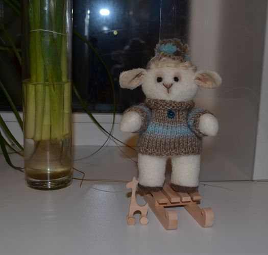 Handmade artificial fur soft toy sheep with sledge photo 4